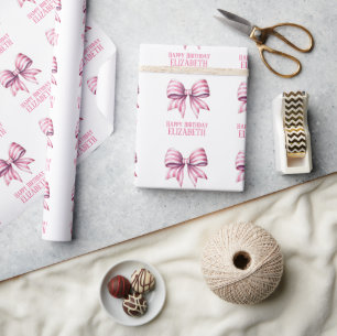 Gepersonaliseerde Roze en Witte Waterverf Strik Ku Cadeaupapier