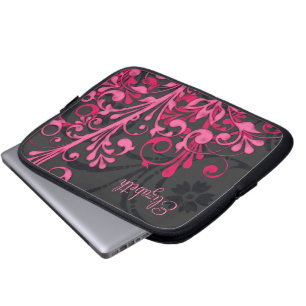 Gepersonaliseerde roze en zwarte bloemenlaptophoes laptop sleeve