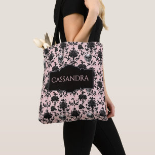 Gepersonaliseerde roze en zwarte goth schedels en draagtas