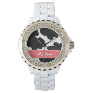 Gepersonaliseerde roze en zwarte Koe Print Horloge