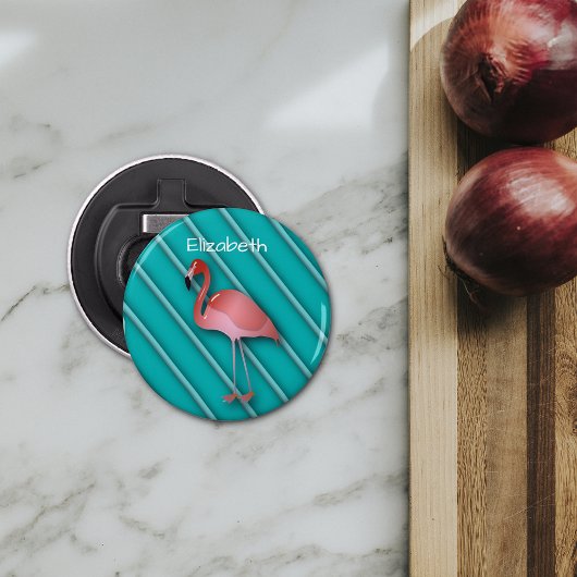 Gepersonaliseerde roze flamingo button flesopener