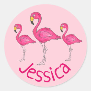 Gepersonaliseerde roze flamingo Tropical Island Bi Ronde Sticker