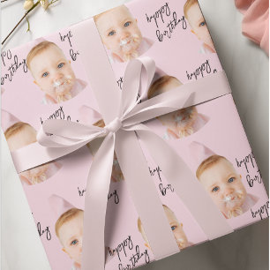 Gepersonaliseerde roze fotocollage Kids Verjaardag Cadeaupapier