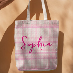 Gepersonaliseerde Roze Geruite Naam Boodschappenta Draagtas