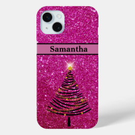 Gepersonaliseerde Roze Glitter Kerstboom iPhone 15 Mini Hoesje