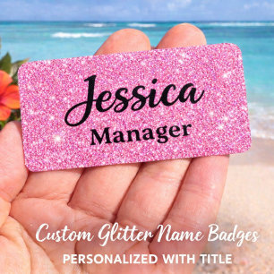 Gepersonaliseerde Roze Glitter Naamkaart Speld Naamplaatje