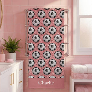 Gepersonaliseerde Roze Glitter Voetbal Badhanddoek