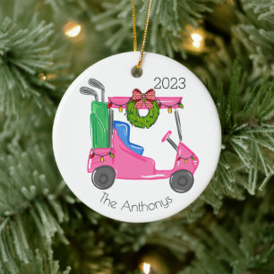 Gepersonaliseerde Roze Golfkar Kerstverlichting Keramisch Ornament