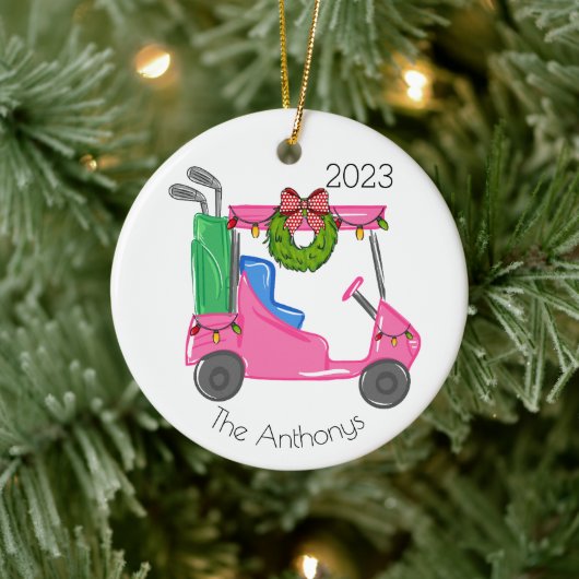 Gepersonaliseerde Roze Golfkar Kerstverlichting Keramisch Ornament (Boom)