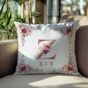 Gepersonaliseerde Roze Gouden Bloem Letter Z Monog Kussen