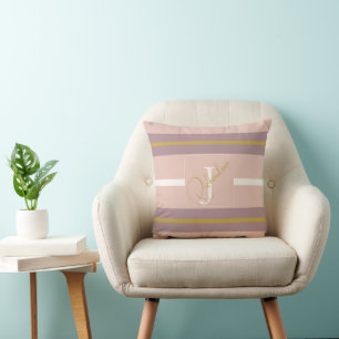 Gepersonaliseerde Roze Gouden Streep Monogram Chic Kussen