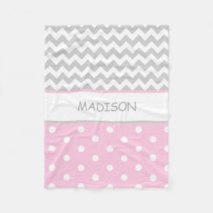 Gepersonaliseerde roze grijze Chevron Polka Dots B Fleece Deken