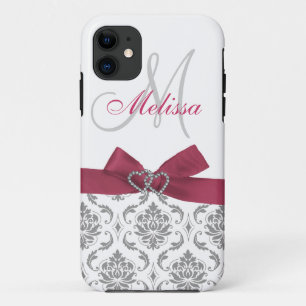 Gepersonaliseerde roze grijze Damask iPhone 11 Hoesje