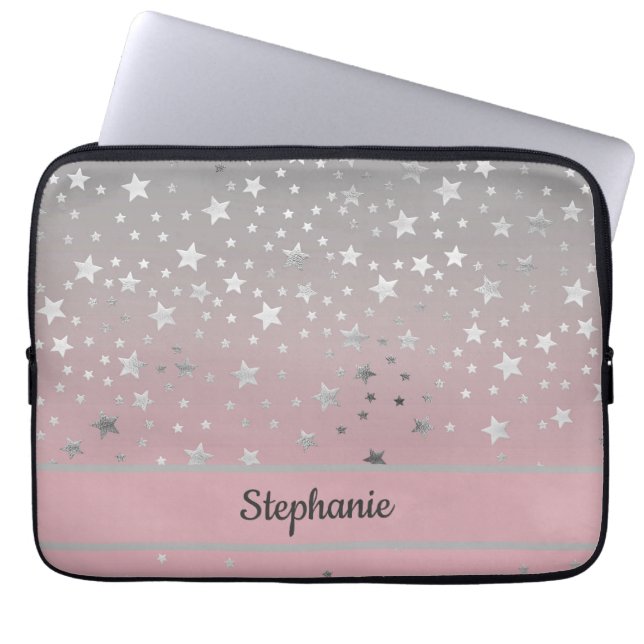Gepersonaliseerde roze grijze sterren ombre stijlv laptop sleeve (Voorkant)