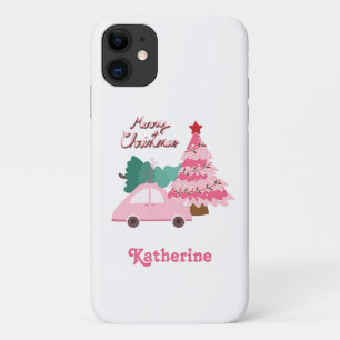 Gepersonaliseerde Roze & Groene Vrolijke Kerstboom iPhone 11 Hoesje