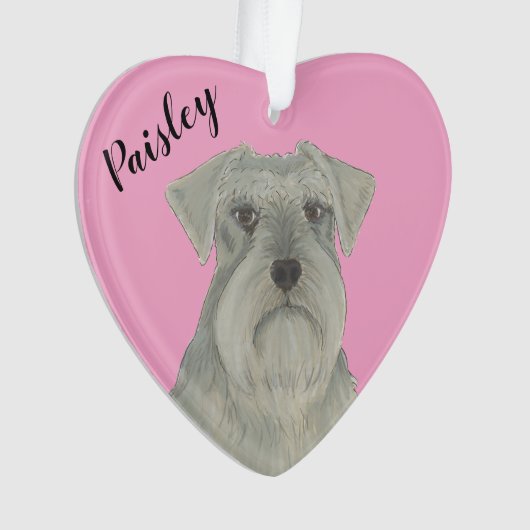 Gepersonaliseerde Roze Hart Grijs Zilver Schnauzer Ornament (voorkant)