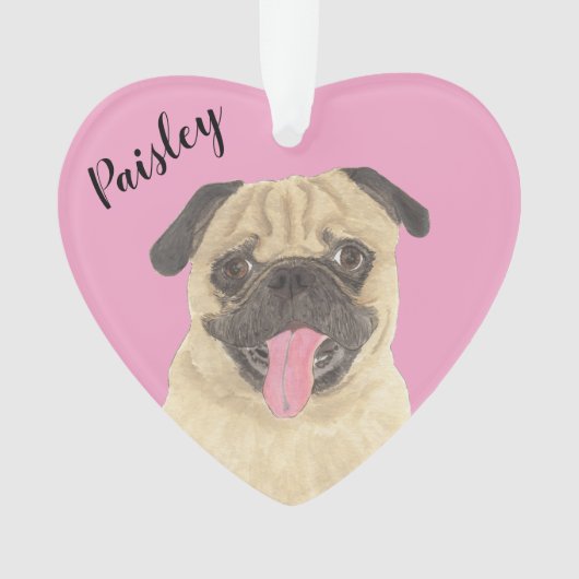 Gepersonaliseerde Roze Hart Pug Ornament (voorkant)