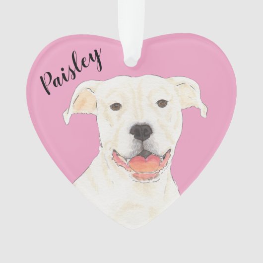 Gepersonaliseerde Roze Hart Wit Pitbull Staffy Ornament (voorkant)