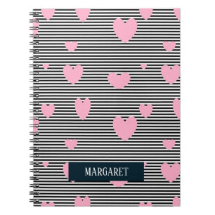 Gepersonaliseerde roze harten en strepen notitieboek