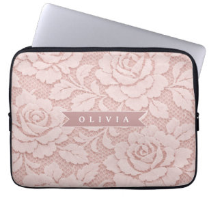 Gepersonaliseerde Roze Kant Bloemige Romantische Laptop Sleeve