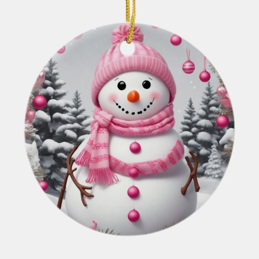 Gepersonaliseerde roze kerst sneeuwman keramisch ornament (Voorkant)