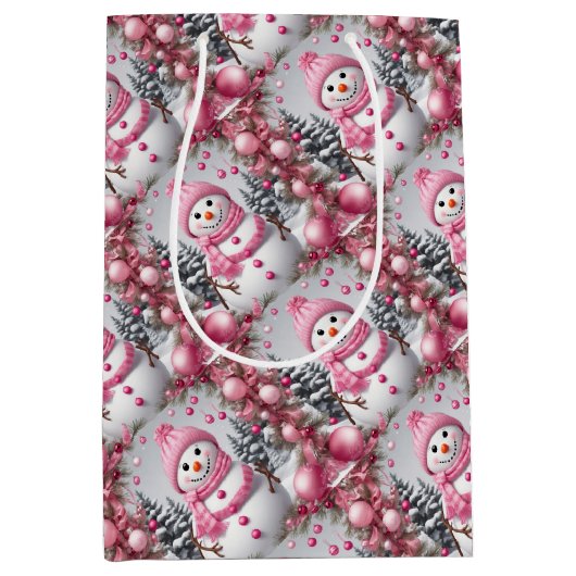 Gepersonaliseerde roze kerst sneeuwman medium cadeauzakje (Voorkant)