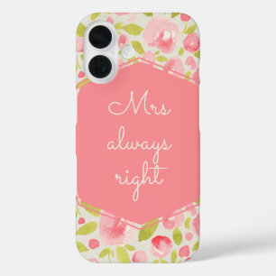 Gepersonaliseerde roze Mrs altijd rechts bloemmoti iPhone 16 Hoesje