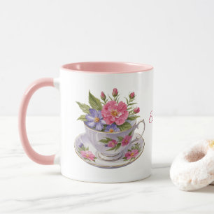 Gepersonaliseerde Roze Paarse Bloemen Theekop Mok