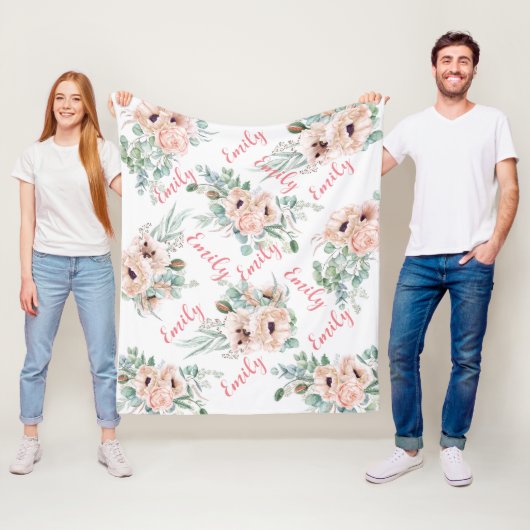 Gepersonaliseerde roze pioenen fleece deken (In situ)