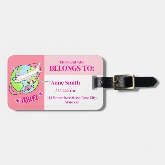 Gepersonaliseerde Roze Reizen Vliegtuig Bagagelabe Bagagelabel (Voorkant horizontaal)