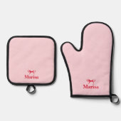 Gepersonaliseerde roze & rode boog naam ovenwant & pannenlap set (Voorkant)