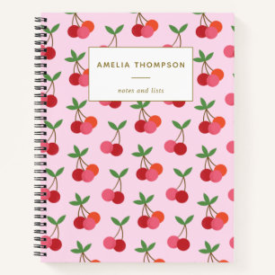 Gepersonaliseerde roze rode kersen fruit retro pat notitieboek