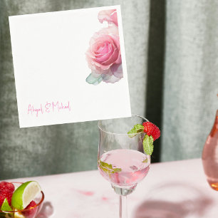 Gepersonaliseerde Roze Roos Bloemen Trouwcocktail Servet
