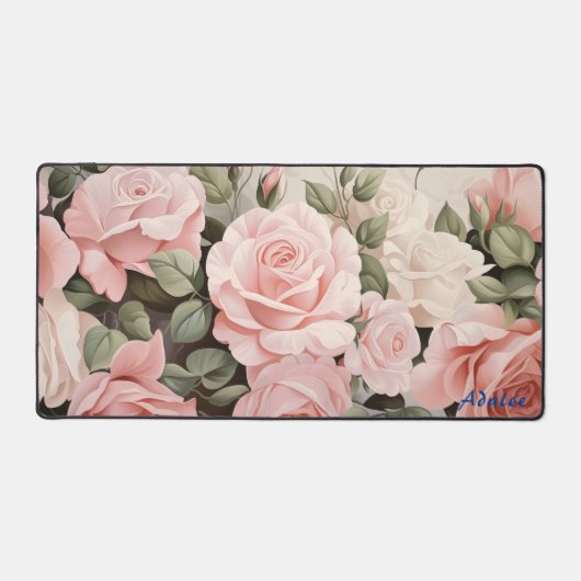 Gepersonaliseerde Roze Rozen Bloemen Desk Mat (Voorkant)