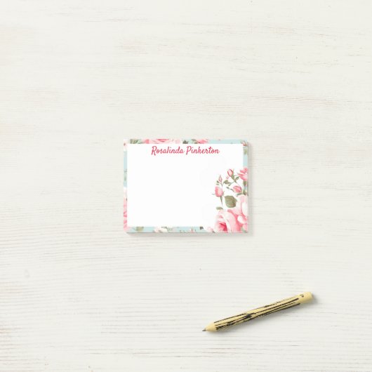 Gepersonaliseerde roze rozen post-it® notes (Op bureau)