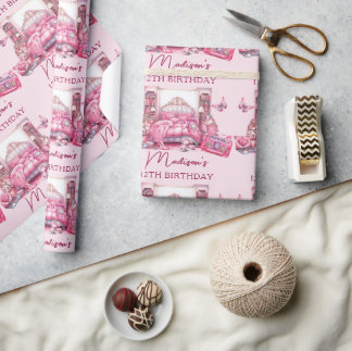 Gepersonaliseerde Roze Sleepover Meisje Verjaardag Cadeaupapier