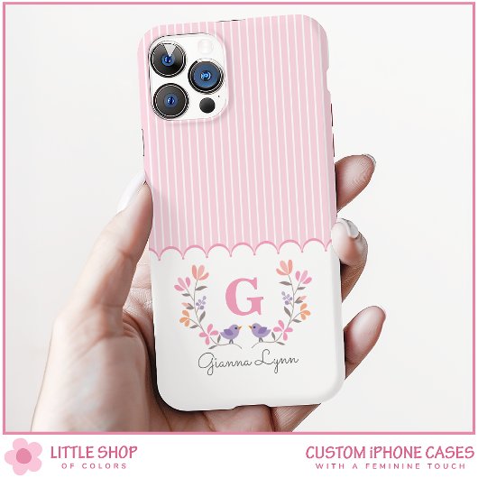 Gepersonaliseerde roze strepen Floral Monogram Case-Mate iPhone Case