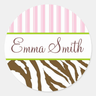 Gepersonaliseerde roze strepen & zebra strepen Sti Ronde Sticker