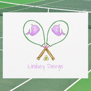 Gepersonaliseerde roze tennisrackets met walvis Ho Notitiekaartje