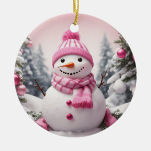 Gepersonaliseerde roze thema Kerstmis Sneeuwman Keramisch Ornament