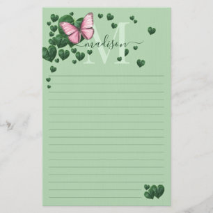 Gepersonaliseerde Roze Vlinder met Hartblaadjes Briefpapier