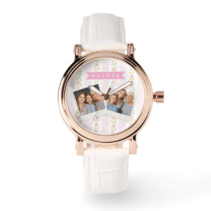 Gepersonaliseerde roze vrouwelijke coquette bloemi horloge