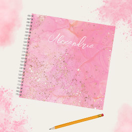 Gepersonaliseerde Roze Waterverf Glitter Moderne Notitieboek