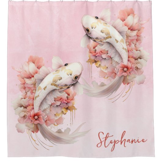 Gepersonaliseerde Roze Waterverf Goud Koi Vis Bloe Douchegordijn (Voorkant)