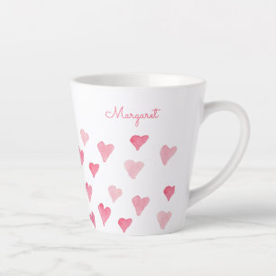 Gepersonaliseerde roze Waterverf harten Valentijns Latte Mok