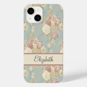 Gepersonaliseerde roze witte blosrozen op blauw Case-Mate iPhone 14 hoesje