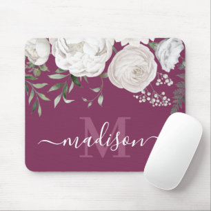 Gepersonaliseerde roze witte Floral naam Monogram Muismat