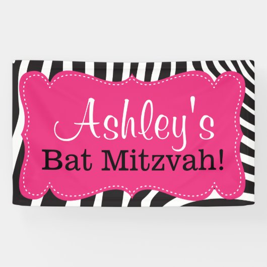 Gepersonaliseerde Roze Zebra Print Bat Mitswa Bann Spandoek (Horizontaal)