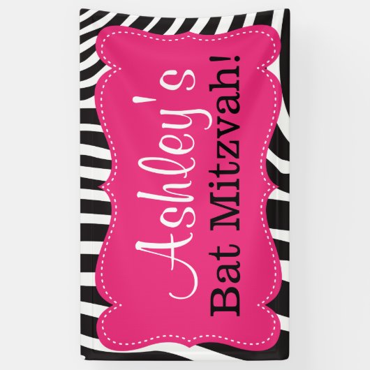 Gepersonaliseerde Roze Zebra Print Bat Mitswa Bann Spandoek (Verticaal)