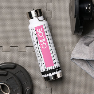 Gepersonaliseerde Roze & Zwart Moderne Naam Waterfles